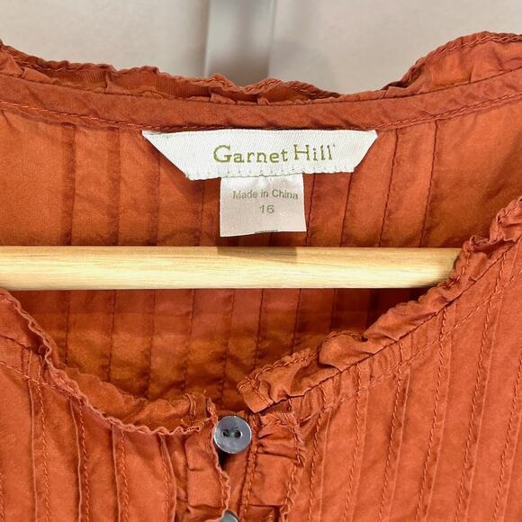 GARNET HILL Pintucked Silk Blouse Henley Button Bishop Sleeve Orange Size 16 - Picture 3 of 11